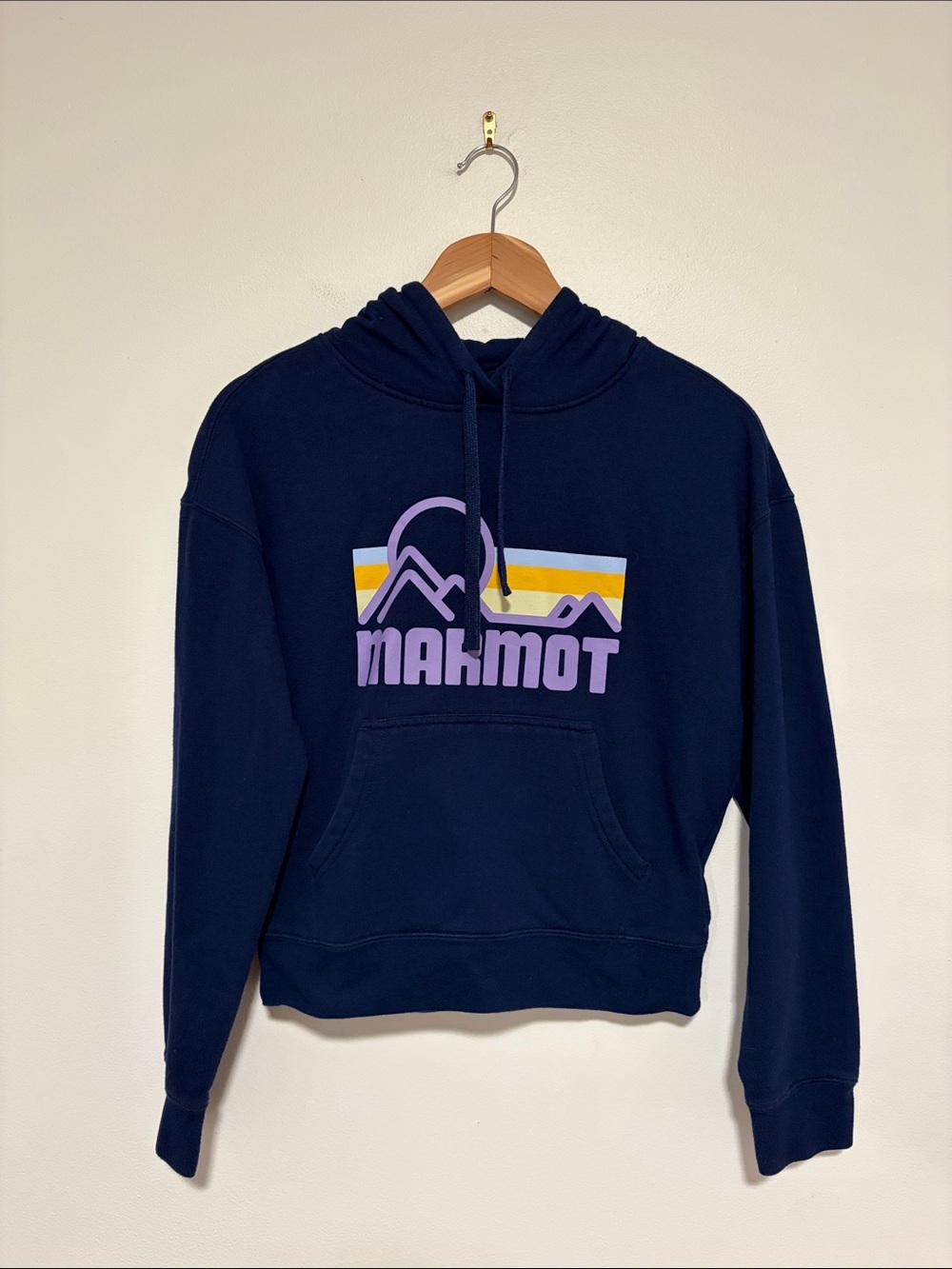 Marmot Navy Crewneck Hoodie with Lavender & Yellow Logo Women’s Size Small
